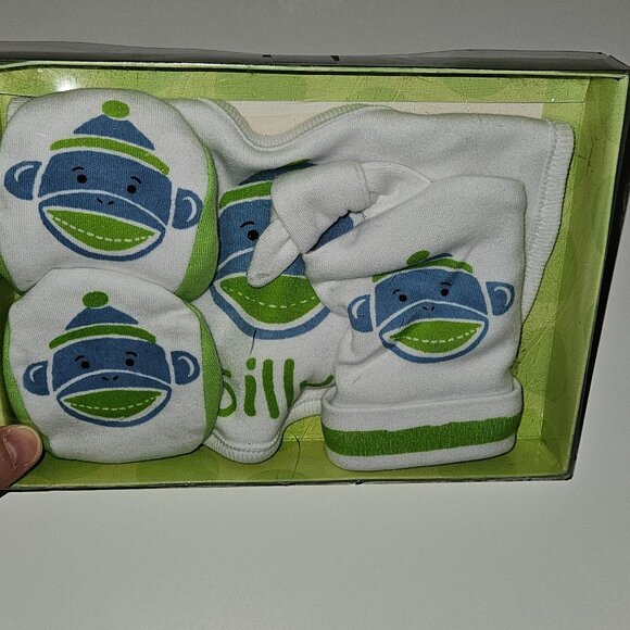 NEW Monkeez & Friends Gift Set Baby 3-6 Months Sock Monkey Hat Booties Bib Lot - Picture 2 of 5